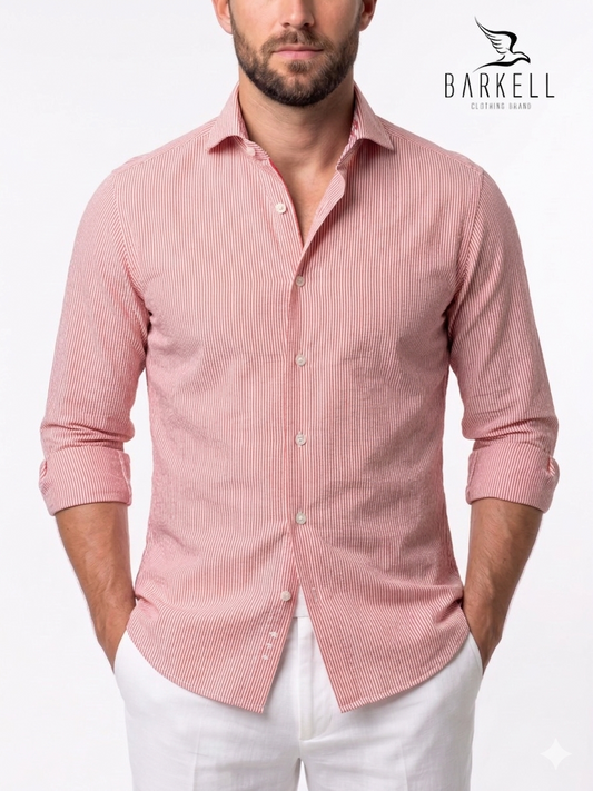 Camisa de algodón seersucker de rayas rojas, naranjas y blancas con cuello italiano