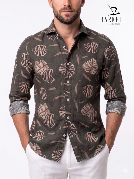 Camicia in Misto Lino Fantasia Foglie Tropicali Fondo Verde Fango Collo Francese Cutaway