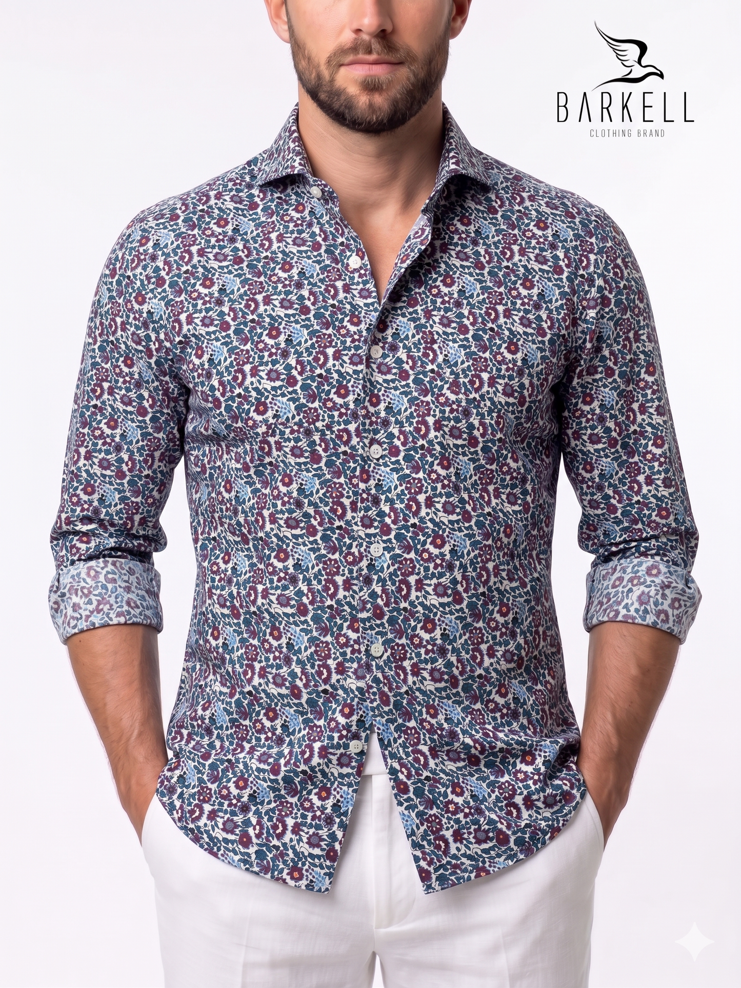 Cotton Shirt with Multicolored Flower Pattern, Light Blue Background, Cutaway Spread Collar