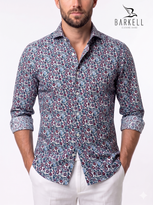 Camicia in Cotone Fantasia Fiori Multicolore Fondo Bianco Collo Francese Cutaway