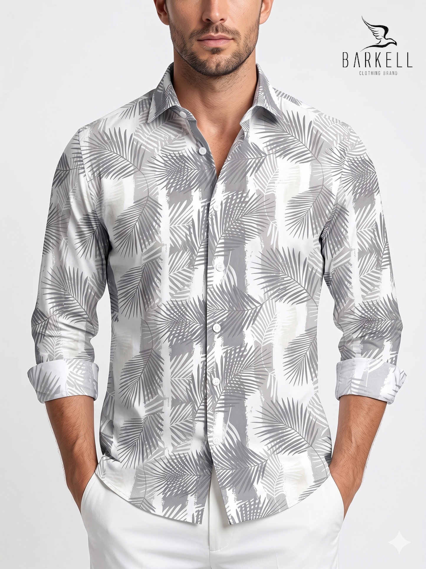 Camicia in Cotone Fantasia Palme Grigio Tortora Fondo Bianco Collo Francese Piccolo