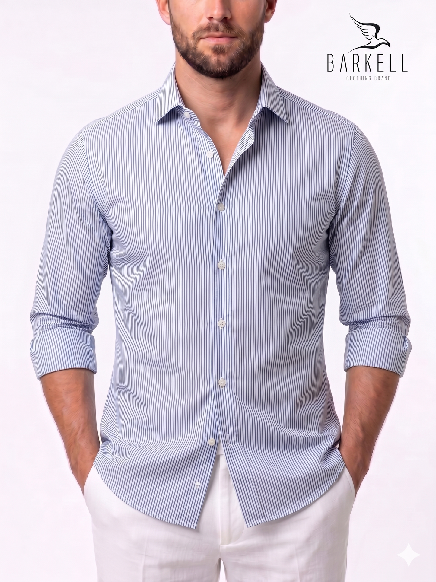 Camicia in Cotone No Stiro Rigata Azzurro e Bianco Collo Francese