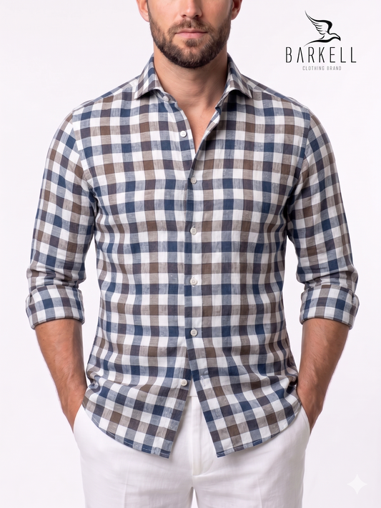 Camicia in Misto Lino Quadro Marrone e Blu Fondo Bianco Collo Francese Cutaway