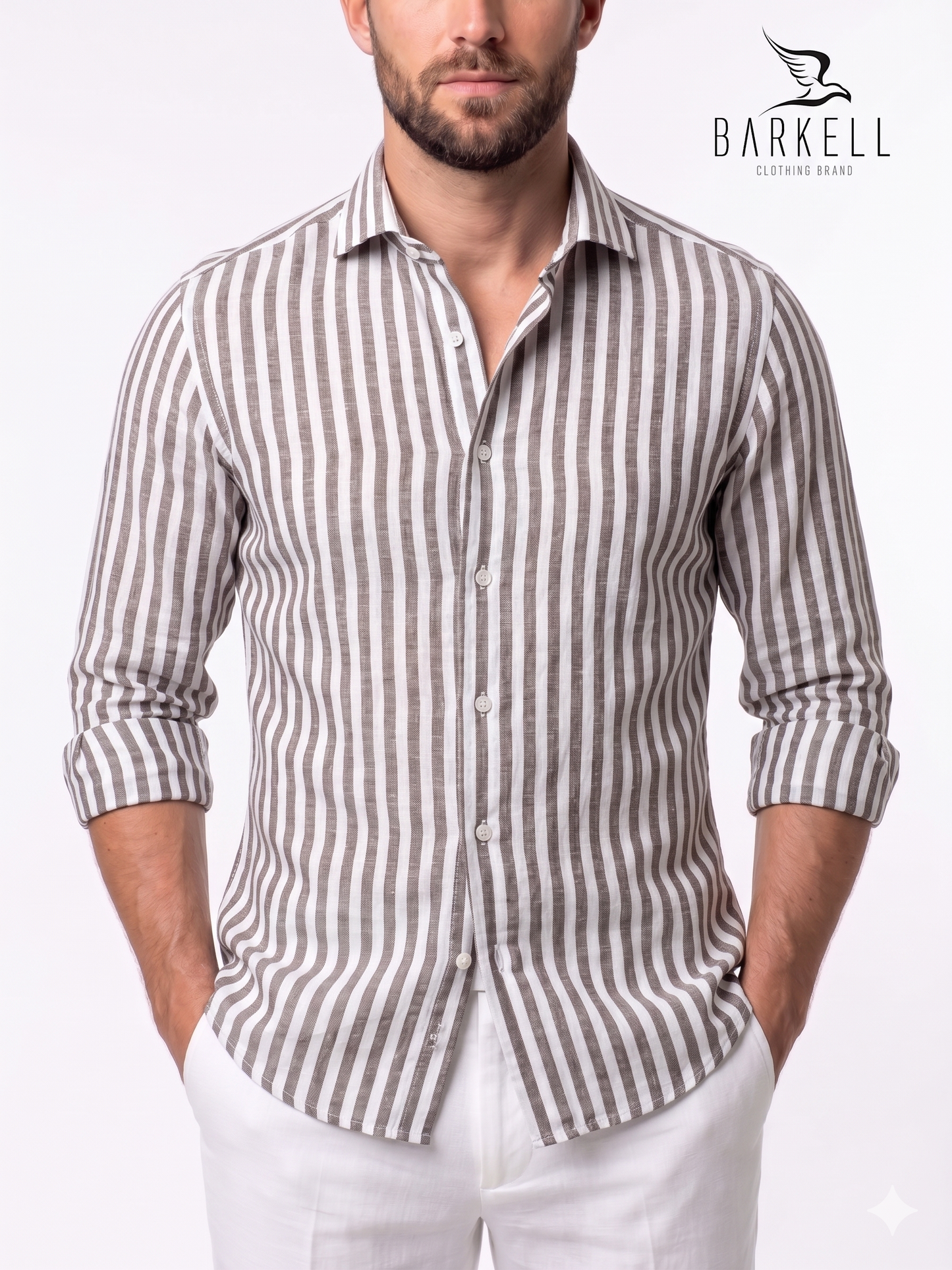 Camicia Rigata in Misto Lino Marrone e Bianco Collo Francese Cutaway