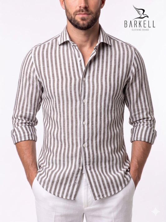 Striped Shirt in Brown and White Linen Blend with Cutaway Spread Collar