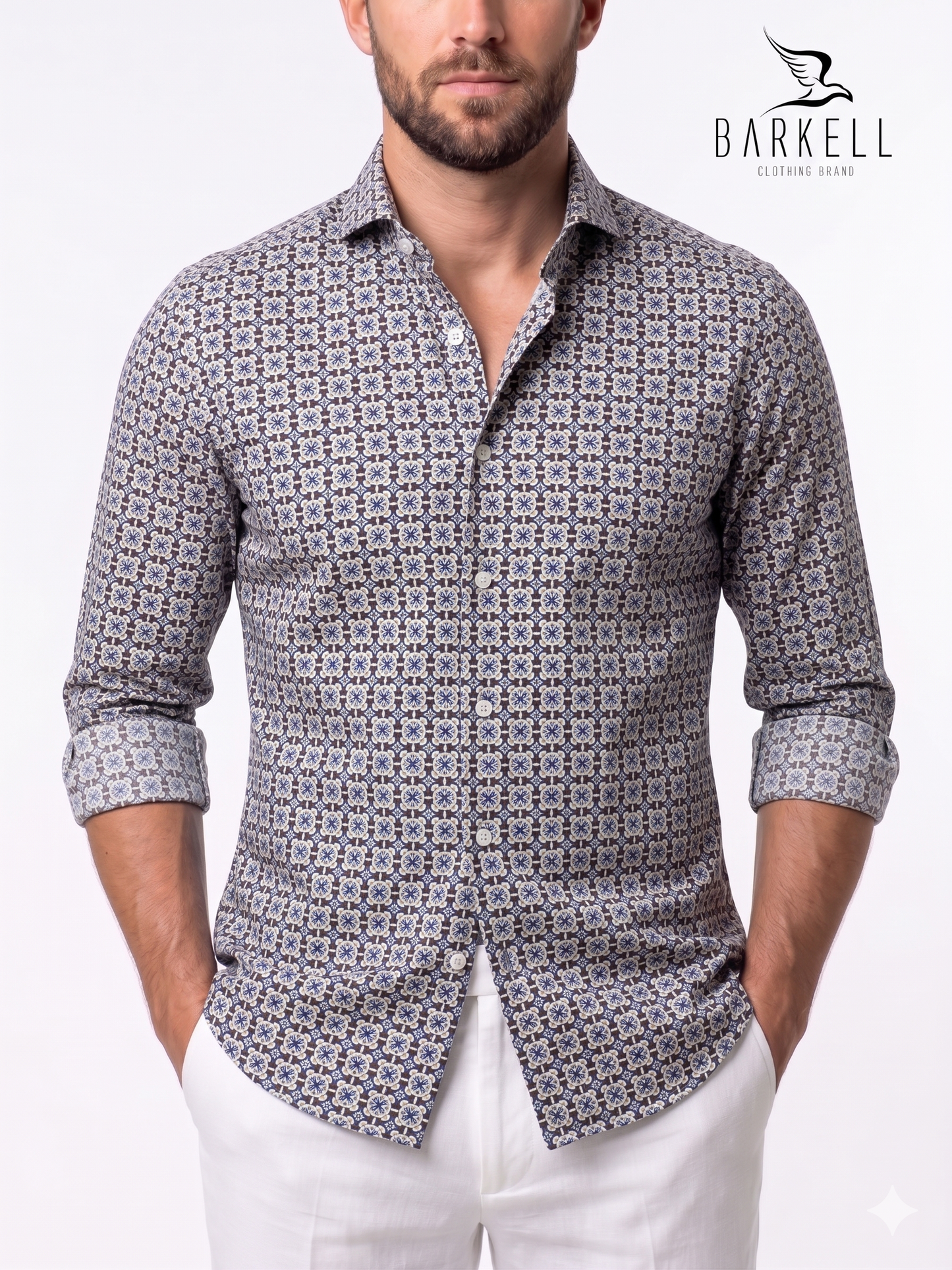 Brown and Blue Geometric Patterned Cotton Shirt Colonial Bottom Cutaway Spread Collar