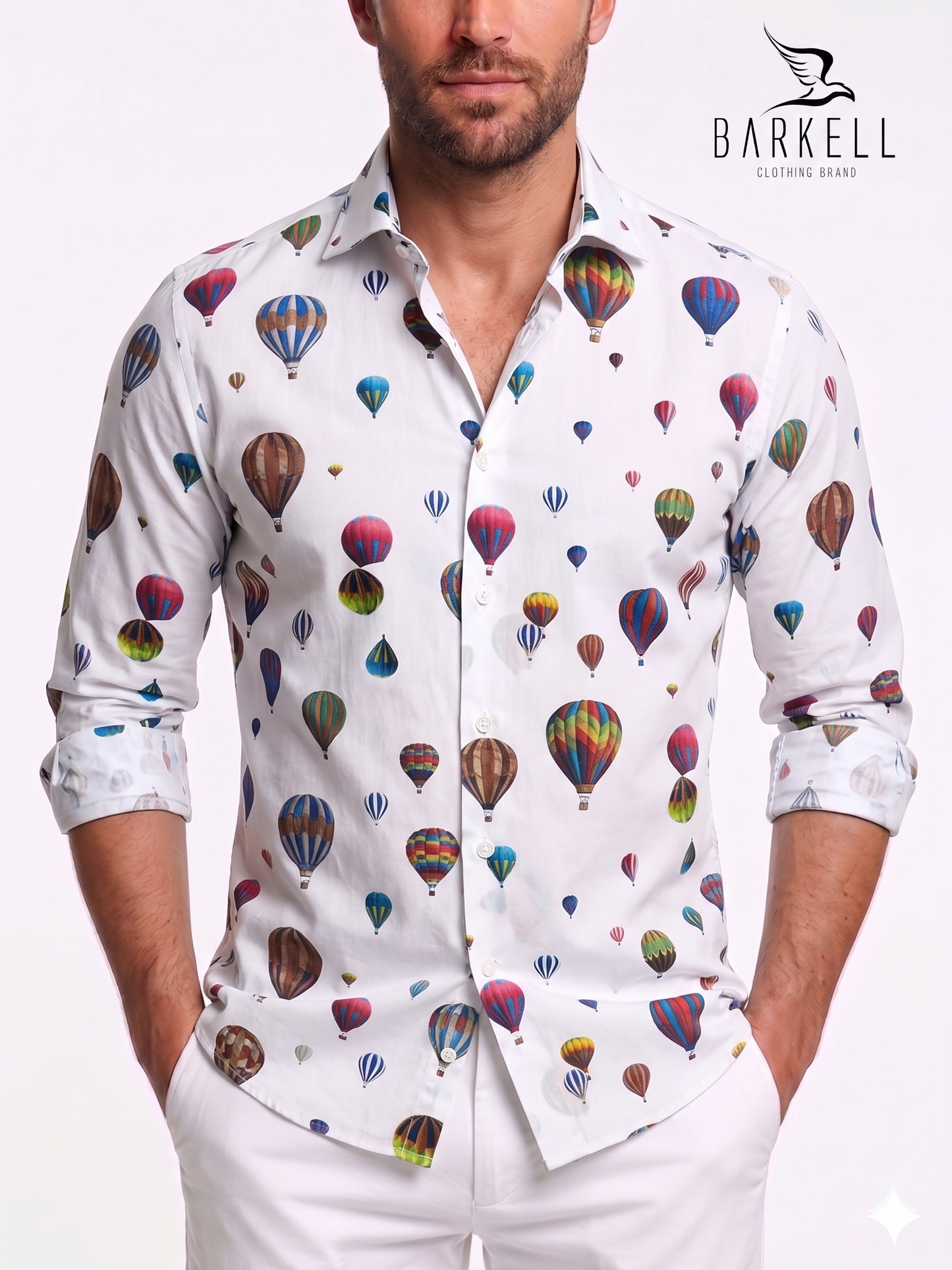 Camicia in Cotone Fantasia Mongolfiera Multicolore Fondo Bianco Collo Francese Piccolo