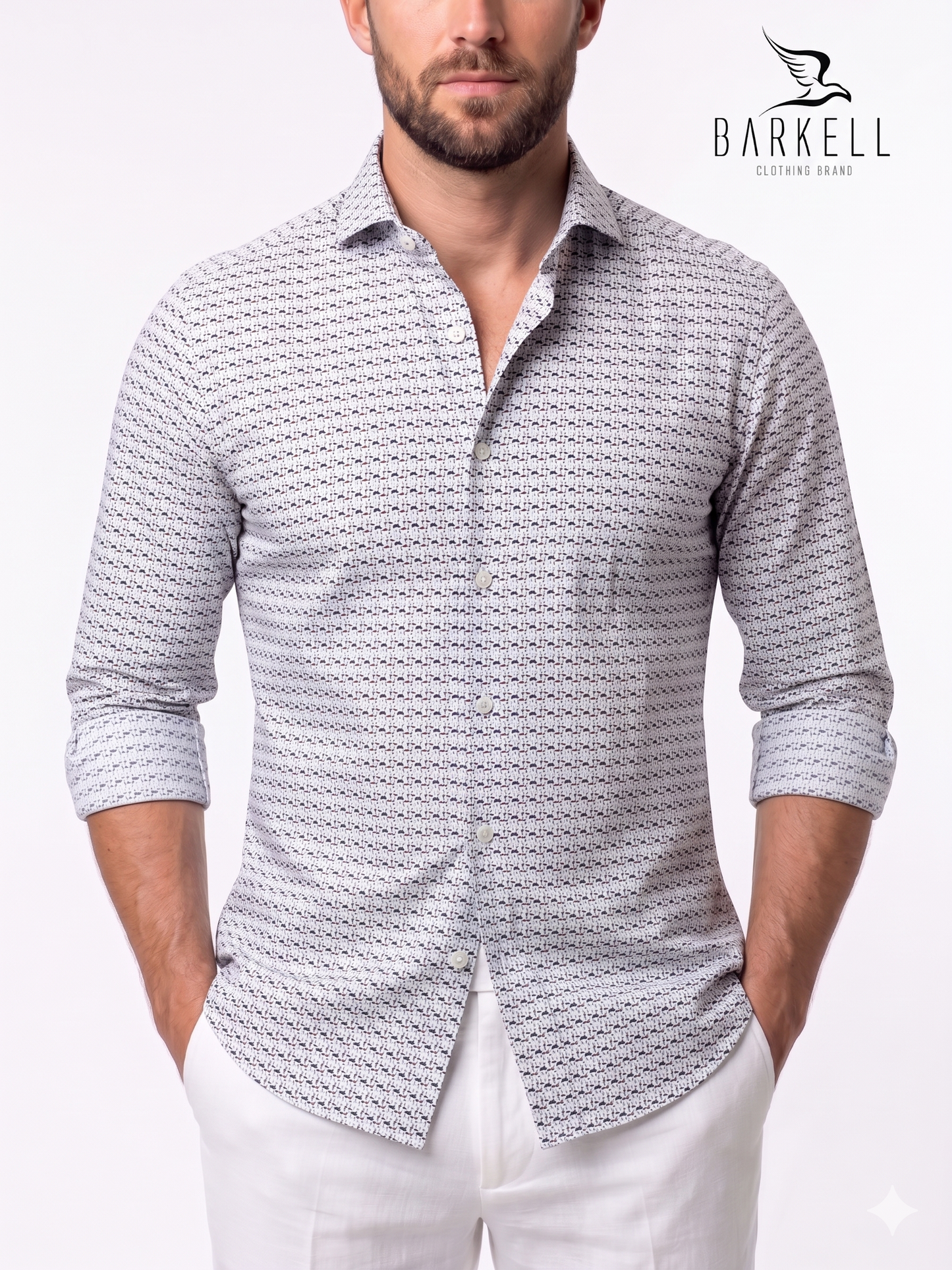 White Geometric Pattern Cotton Shirt with Purple Bottom Cutaway Spread Collar