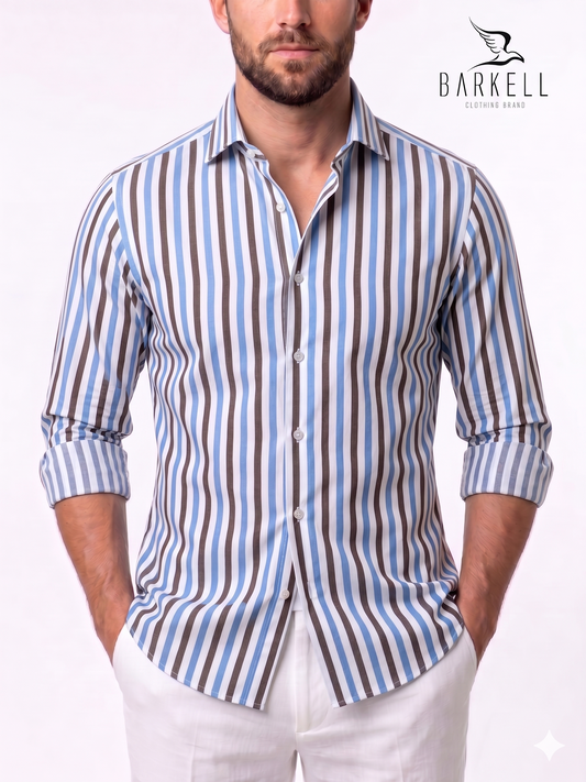 Camicia in Cotone Doppio Ritorto Rigata Marrone e Celeste Collo Francese