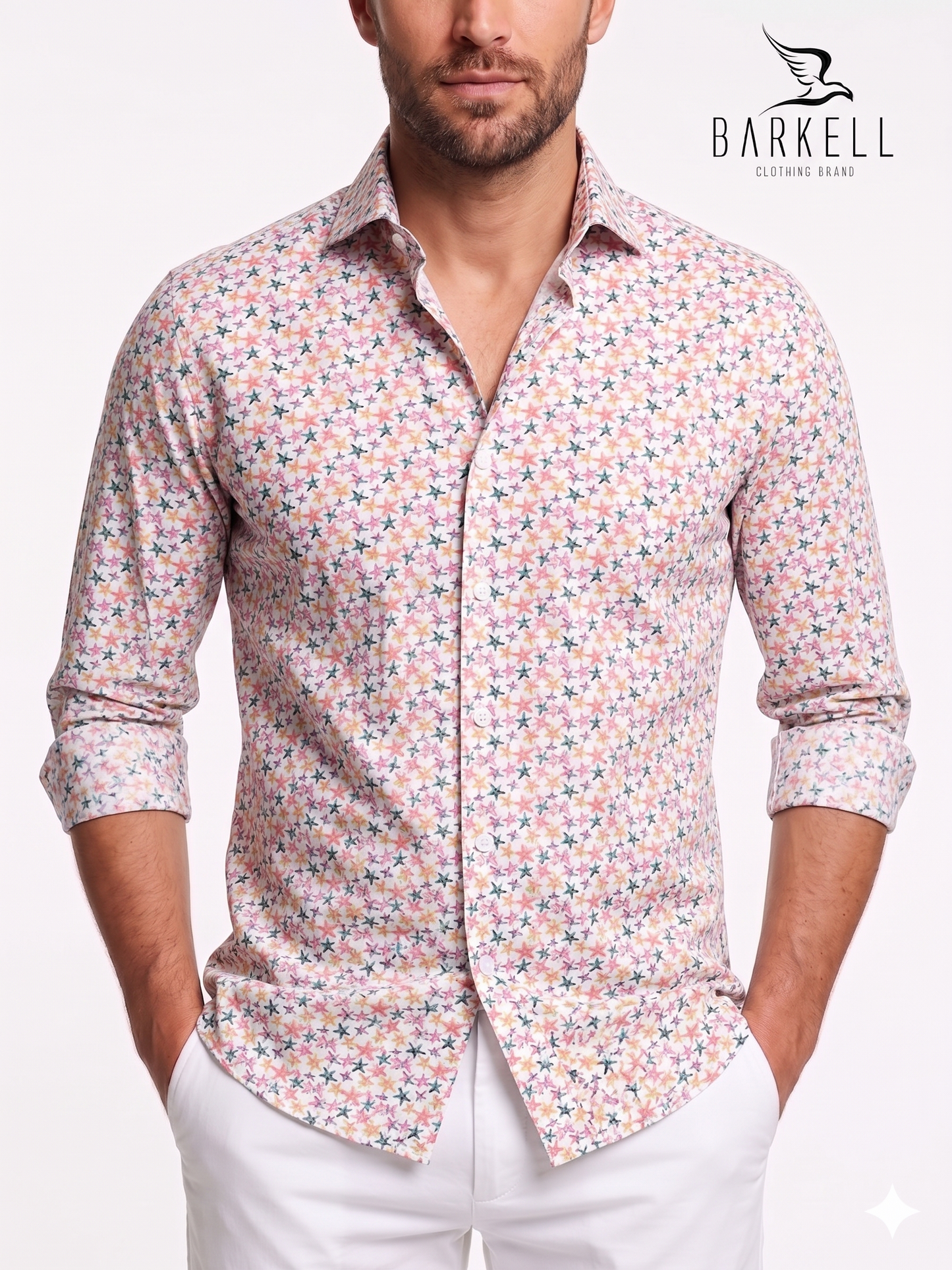 Camicia in Cotone Fantasia Stelle Multicolore Fondo Bianco Collo Francese Piccolo