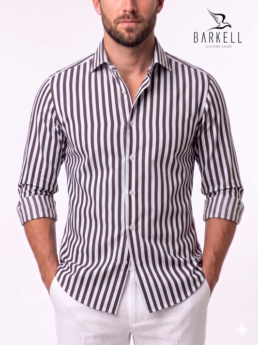 Camicia in Cotone Doppio Ritorto Rigata Marrone e Bianco Collo Francese