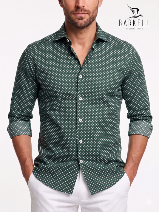 Cotton Shirt with White Stars Pattern on Green Background with Small Spread Collar
