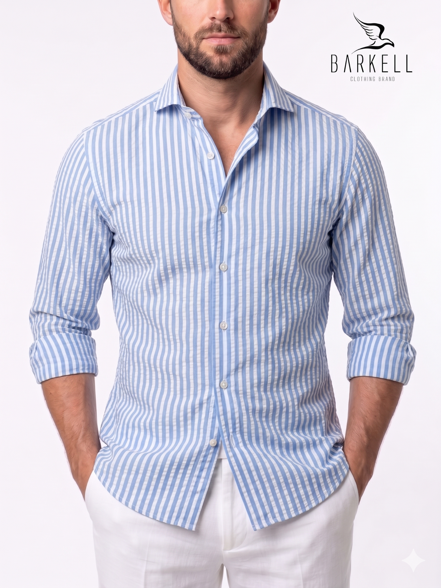 Camicia in Cotone Seersucker Rigata Celeste e Bianco Collo Francese Cutaway