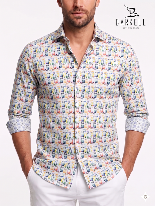 Cotton Shirt with Multicolored Jars Pattern on White Background. Small Spread Collar