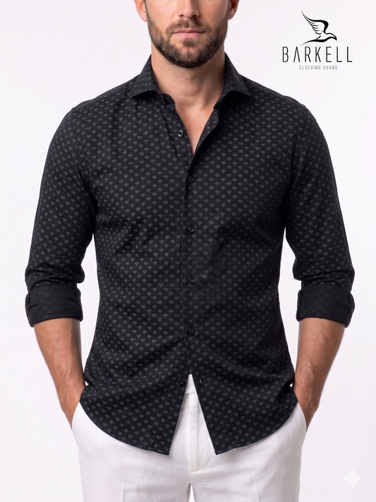 Cotton Shirt with Gray Hearts Pattern on a Black Background with Cutaway Spread Collar