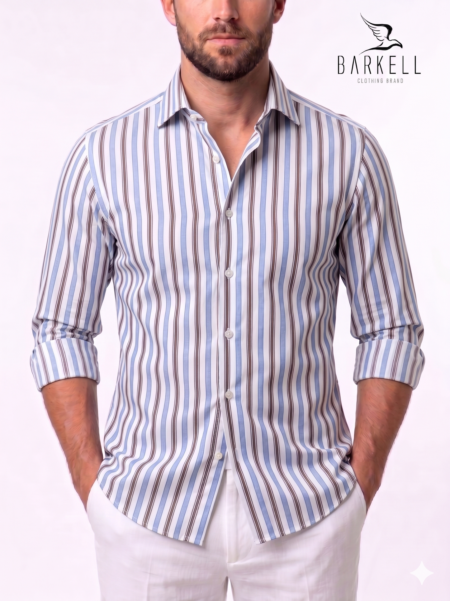Camicia in Cotone Rigata Celeste e Nocciola Collo Francese