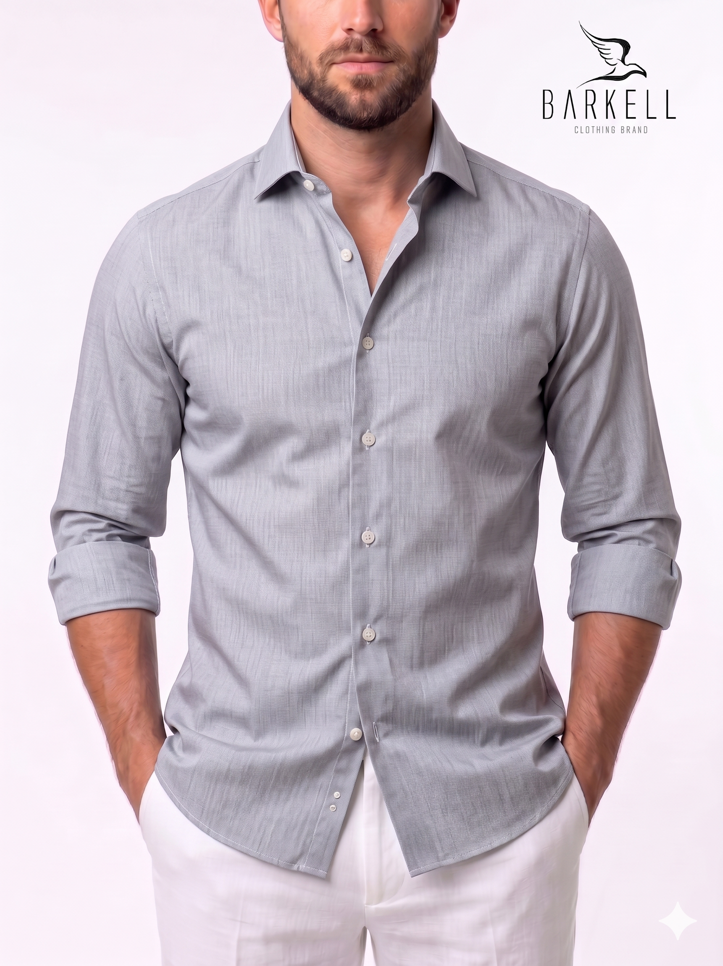 Camicia in Cotone No Stiro Rigata Blu e Bianco Collo Francese
