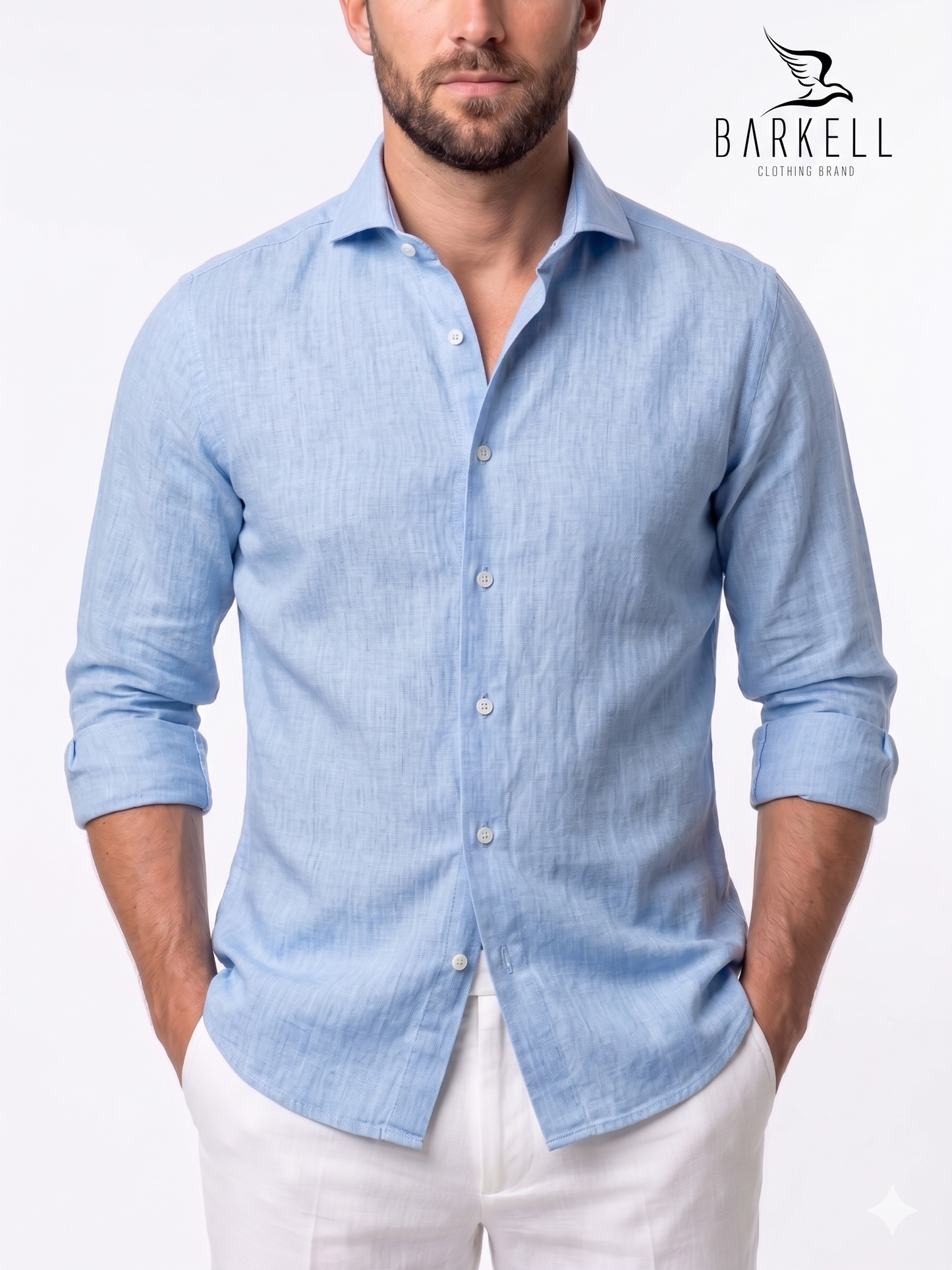 Camicia in Misto Lino Celeste Collo Francese Cutaway