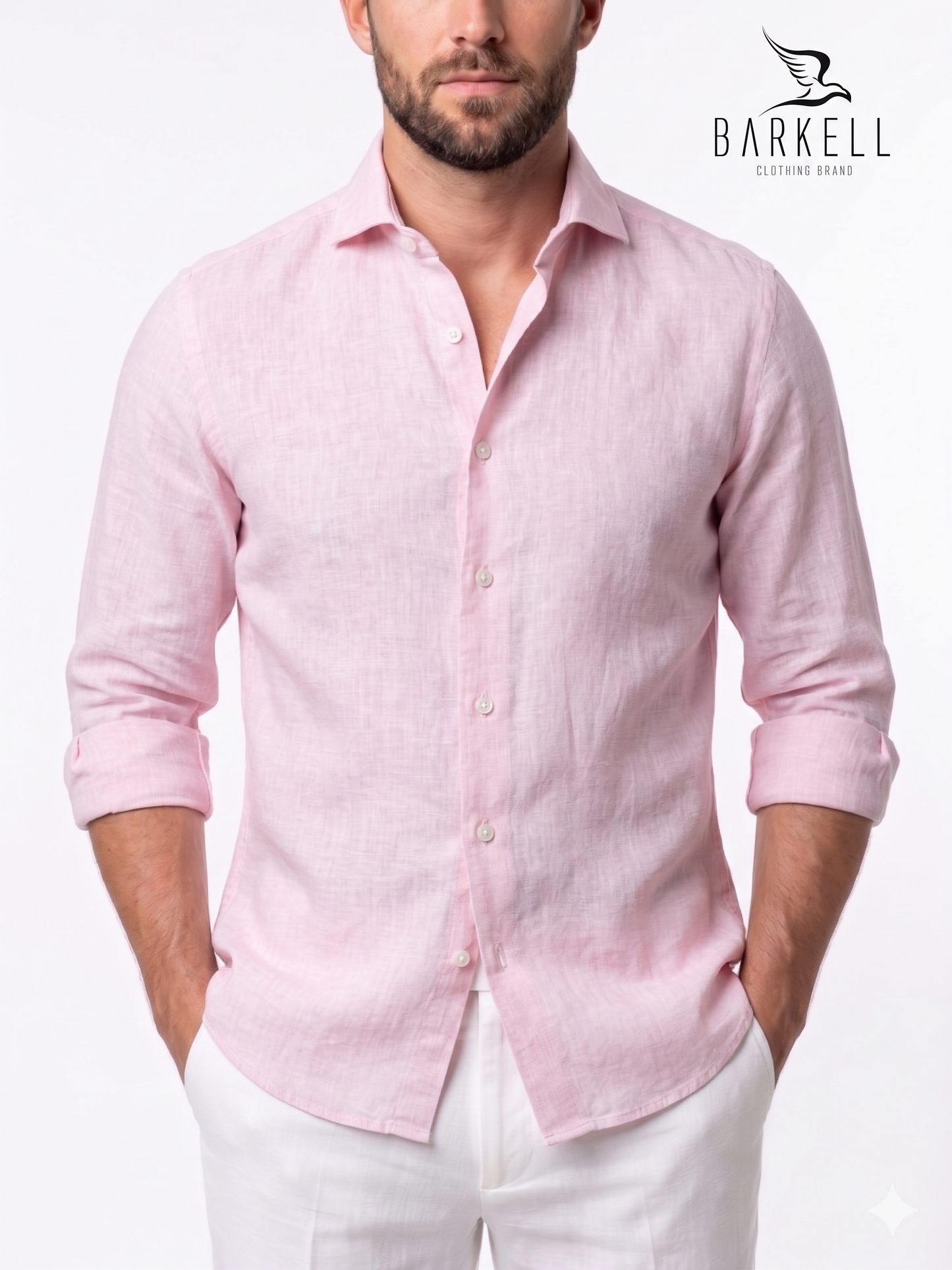 Chemise rose clair en pur lin avec col italien