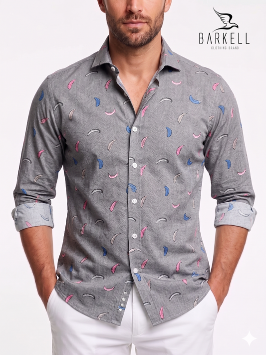 Fuchsia and light blue feather patterned cotton shirt with gray background. Small spread collar