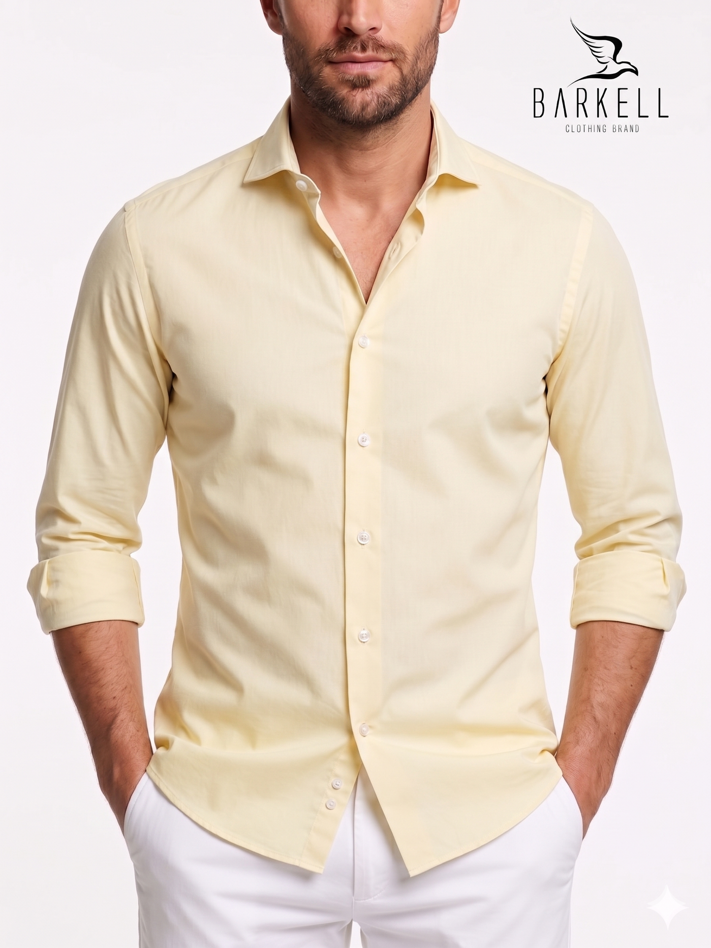 Straw Yellow Cotton Poplin Shirt with Small Spread Collar