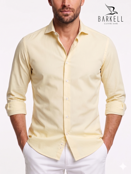 Straw Yellow Cotton Poplin Shirt with Small Spread Collar