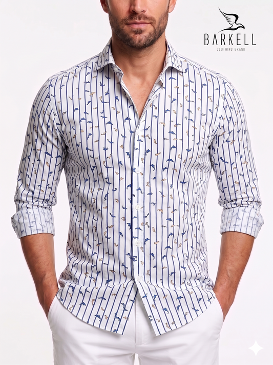 Cotton Shirt with Stripe and Blue Carp Pattern on White Background with Small Spread Collar