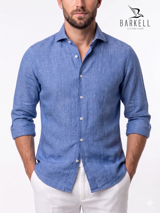 Light Blue Pure Linen Shirt with Cutaway Spread Collar