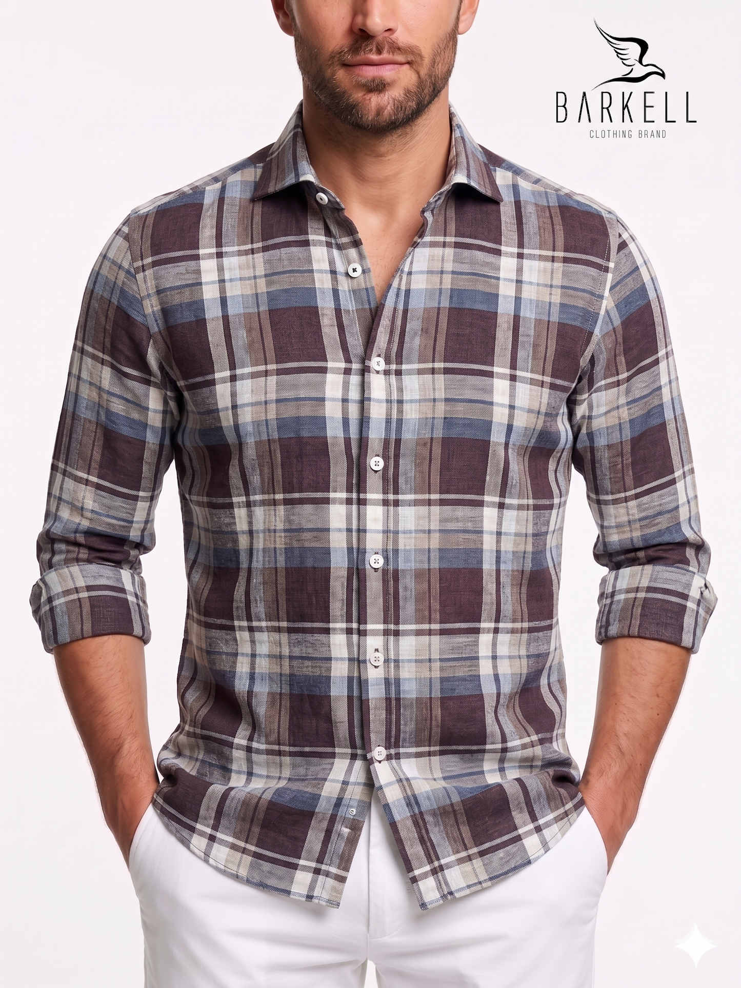 Chemise en pur lin à carreaux bleu clair et fond marron craie à petit col italien