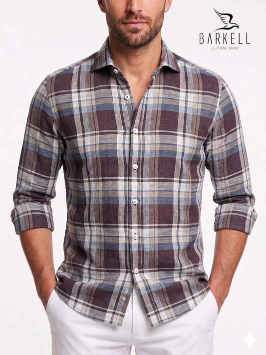 Camicia in Puro Lino Quadro Azzurro e Gesso Fondo Marrone Collo Francese Piccolo