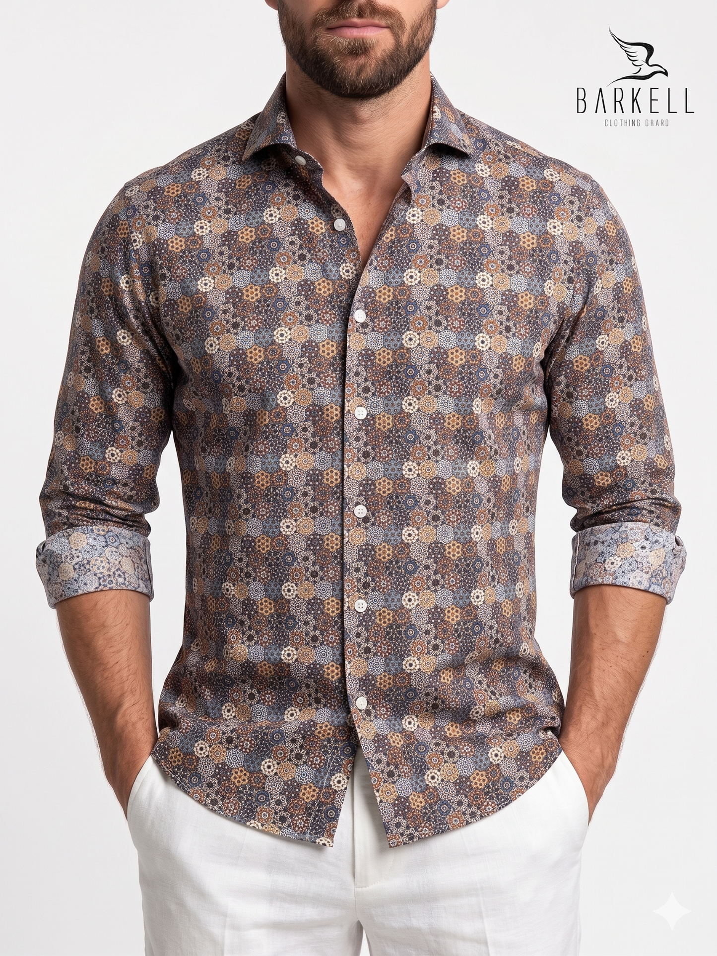 White Geometric Pattern Cotton Shirt with Purple Bottom Cutaway Spread Collar