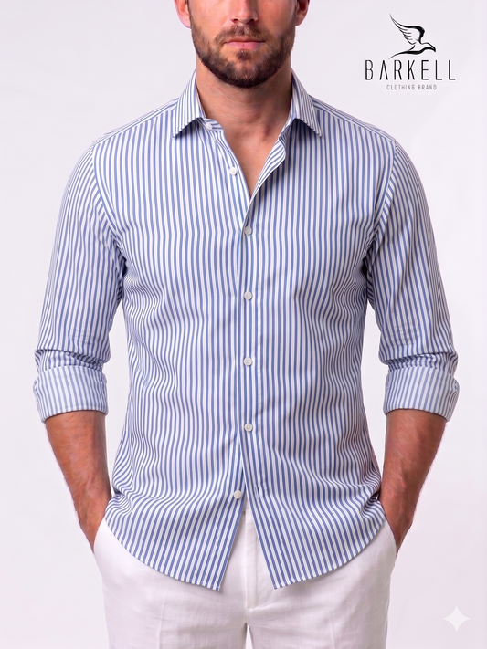 Camicia in Cotone Rigata Azzurro e Bianco Collo Francese