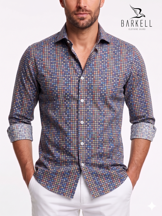 70s Circles Patterned Cotton Shirt Multicolored Blue Background Small Spread Collar