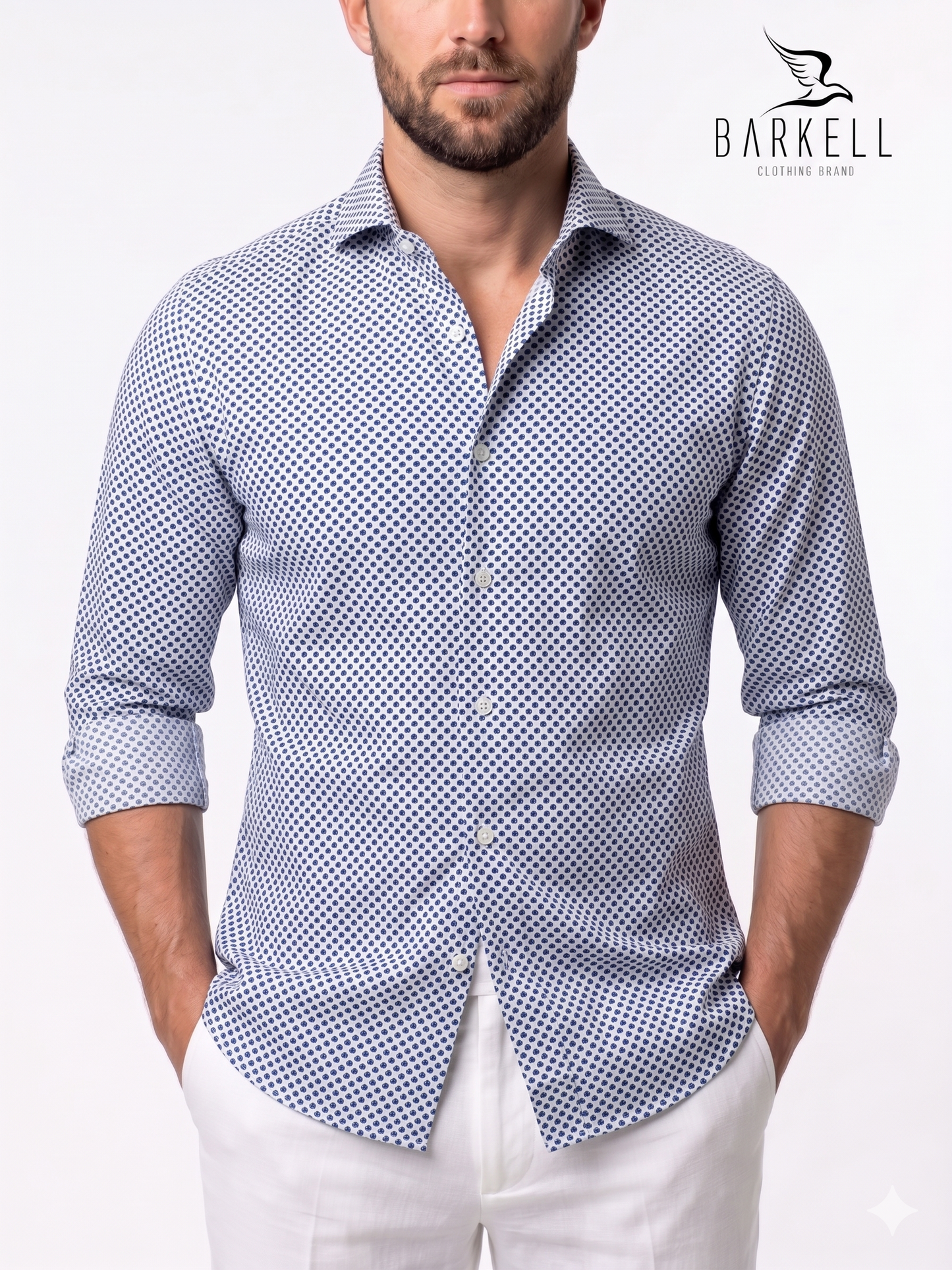 Camicia in Cotone Microfantasia Mela Blu Fondo Blu Collo Francese