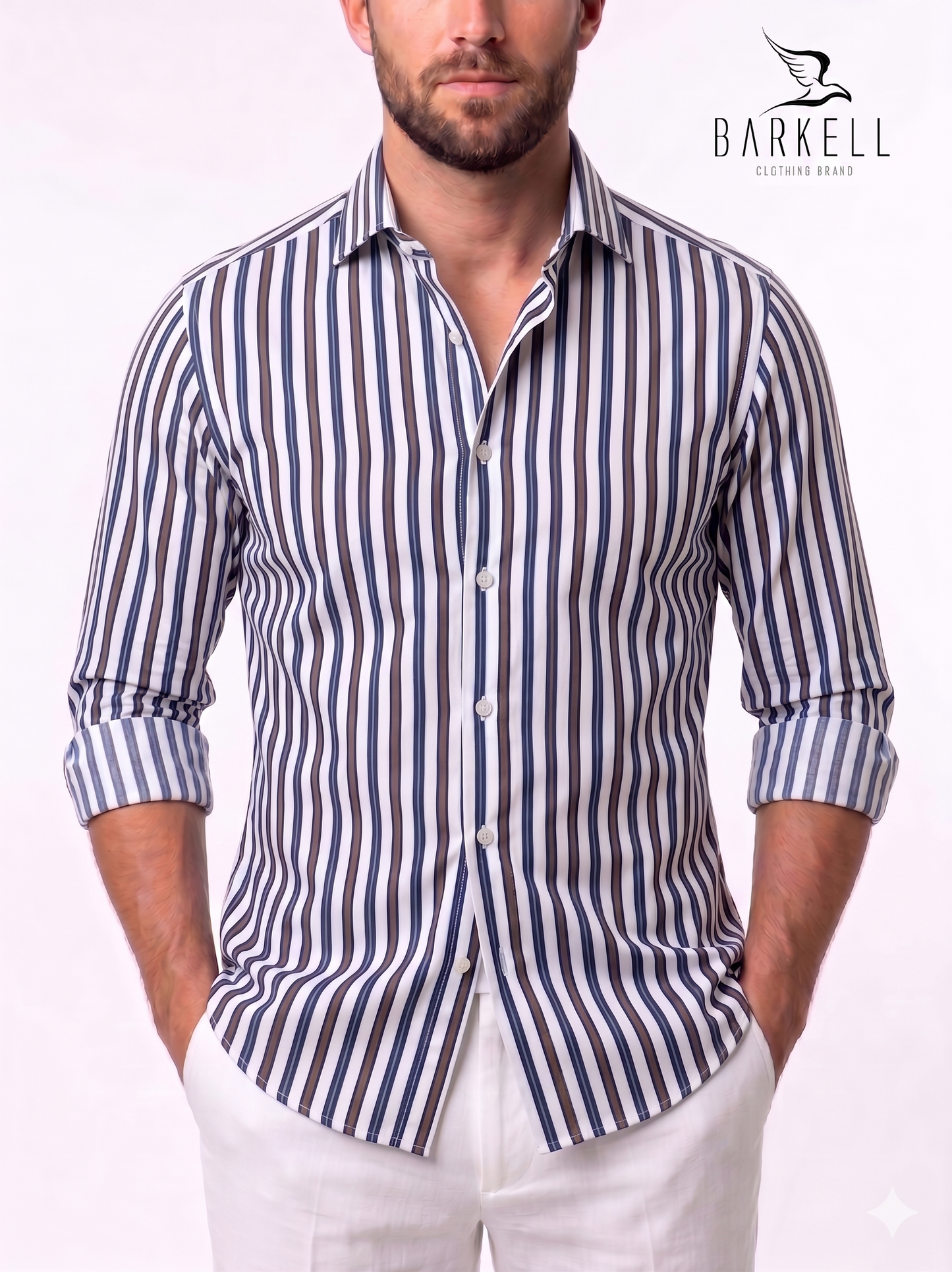 Camicia in Cotone Rigata Marrone e Blu Collo Francese