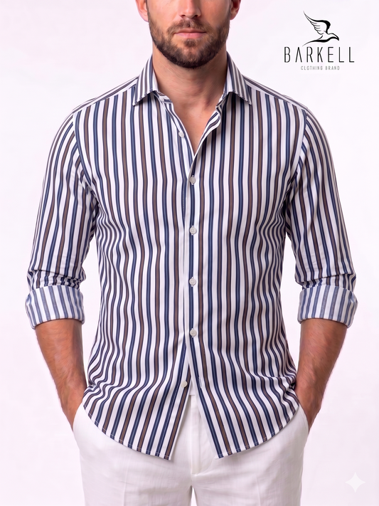 Camicia in Cotone Rigata Marrone e Blu Collo Francese