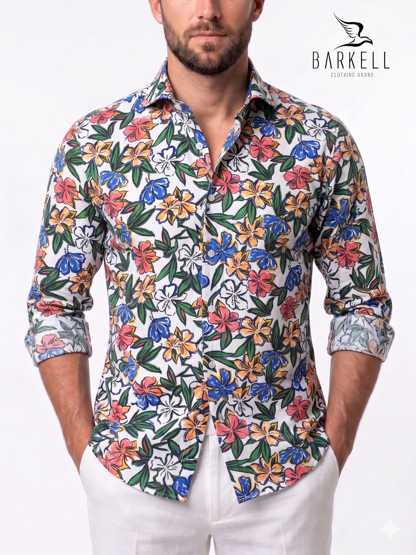 Cotton Shirt with Multicolored Hibiscus Pattern on White Background with Cutaway Spread Collar
