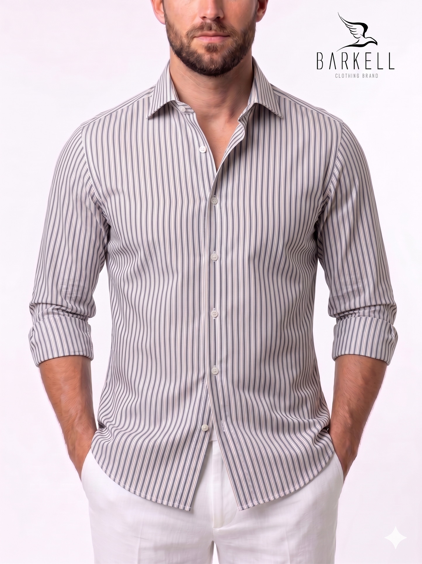 Camicia in Cotone Rigata Tortora e Bianco Collo Francese