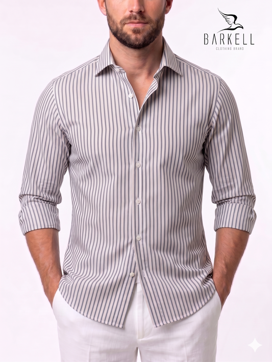 Camicia in Cotone Rigata Tortora e Bianco Collo Francese