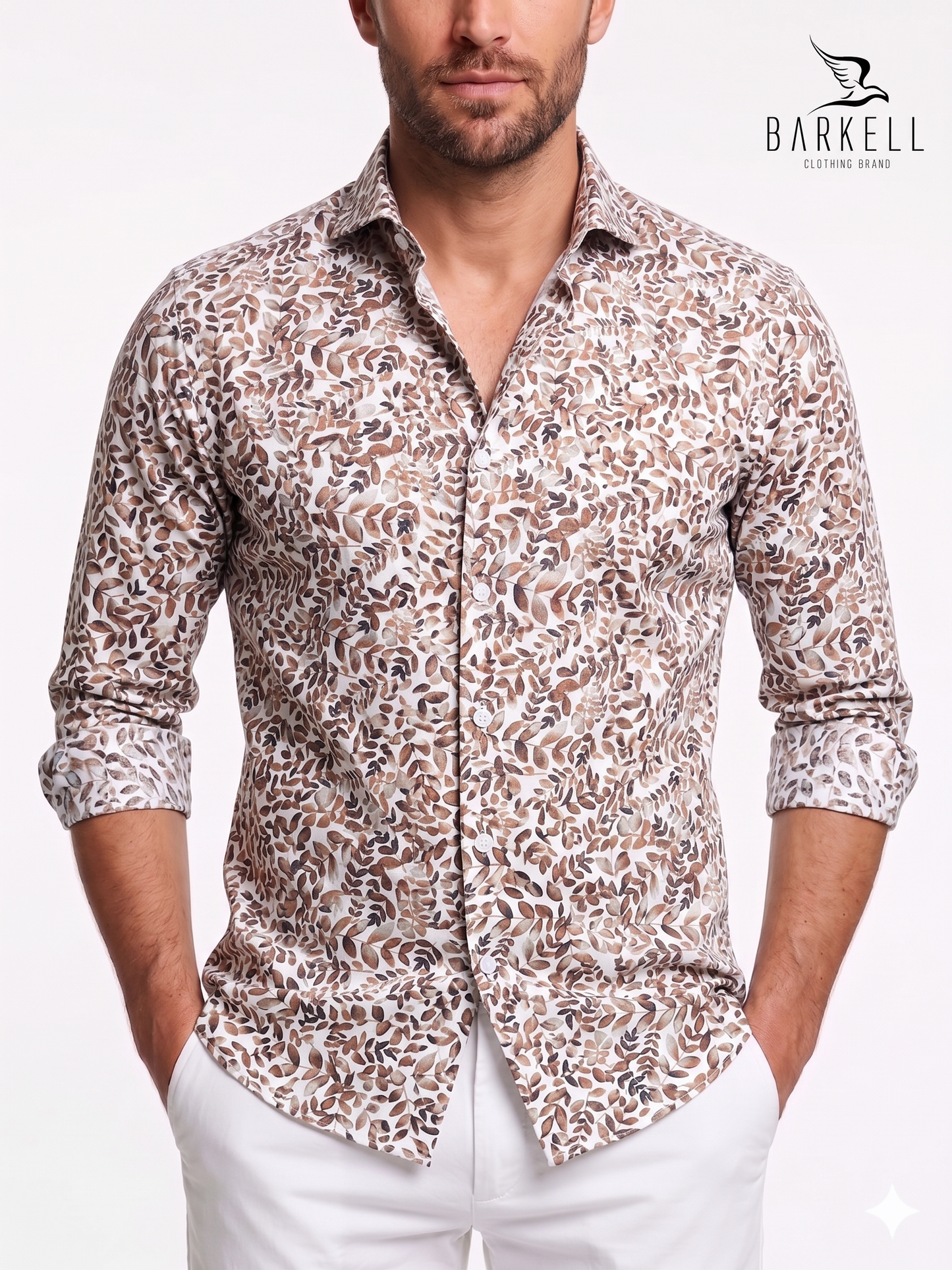 Chemise en coton à motif feuilles de tabac sur fond blanc avec petit col italien