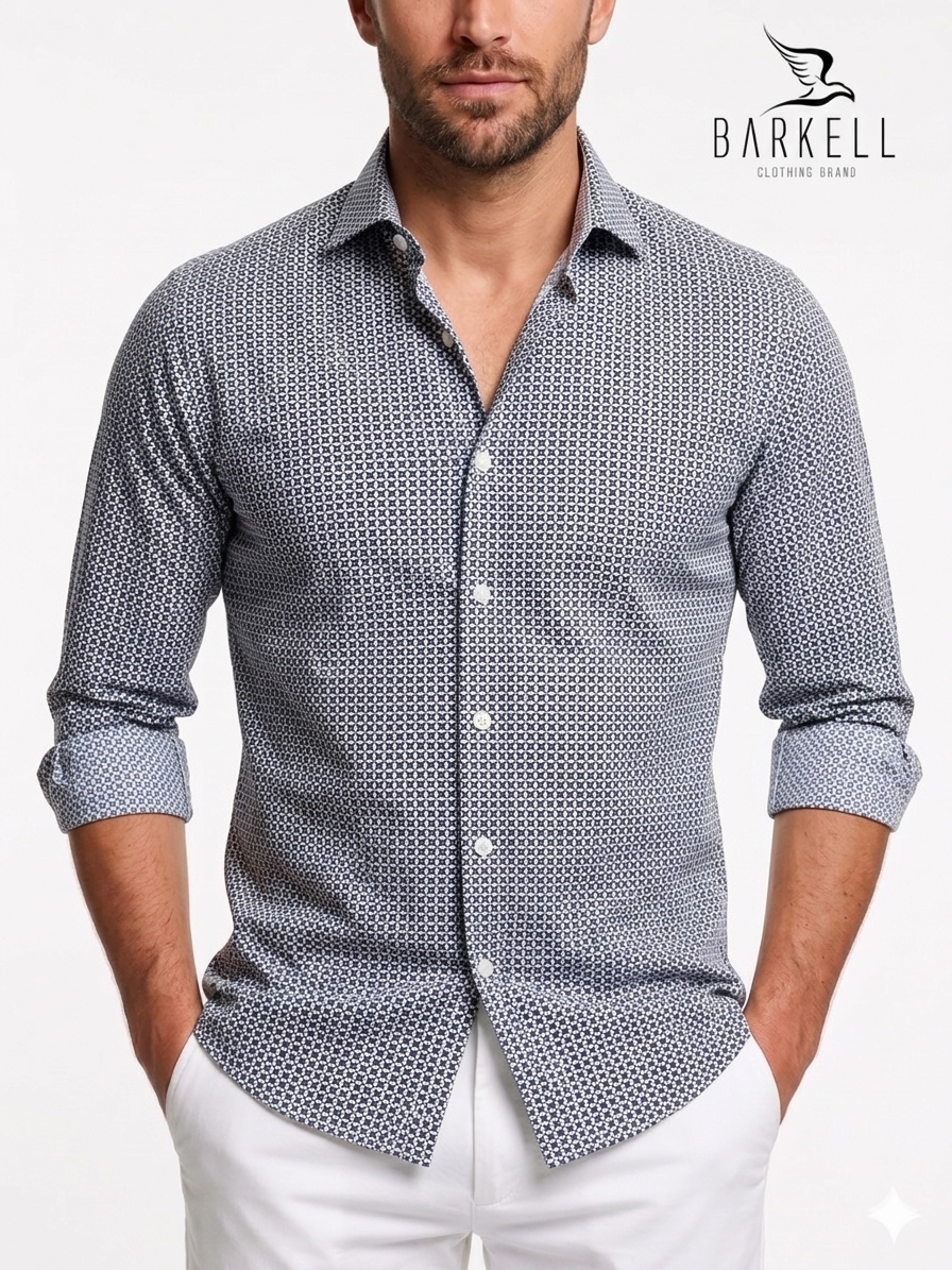 Camicia in Cotone Fantasia Geometrica Blu Fondo Bianco Collo Francese Piccolo