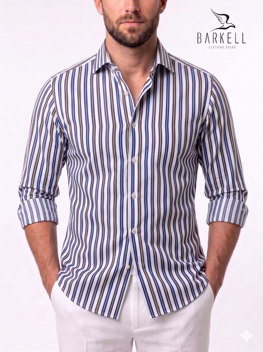 Camicia in Cotone e Cly Rigata Marrone e Blu Collo Francese