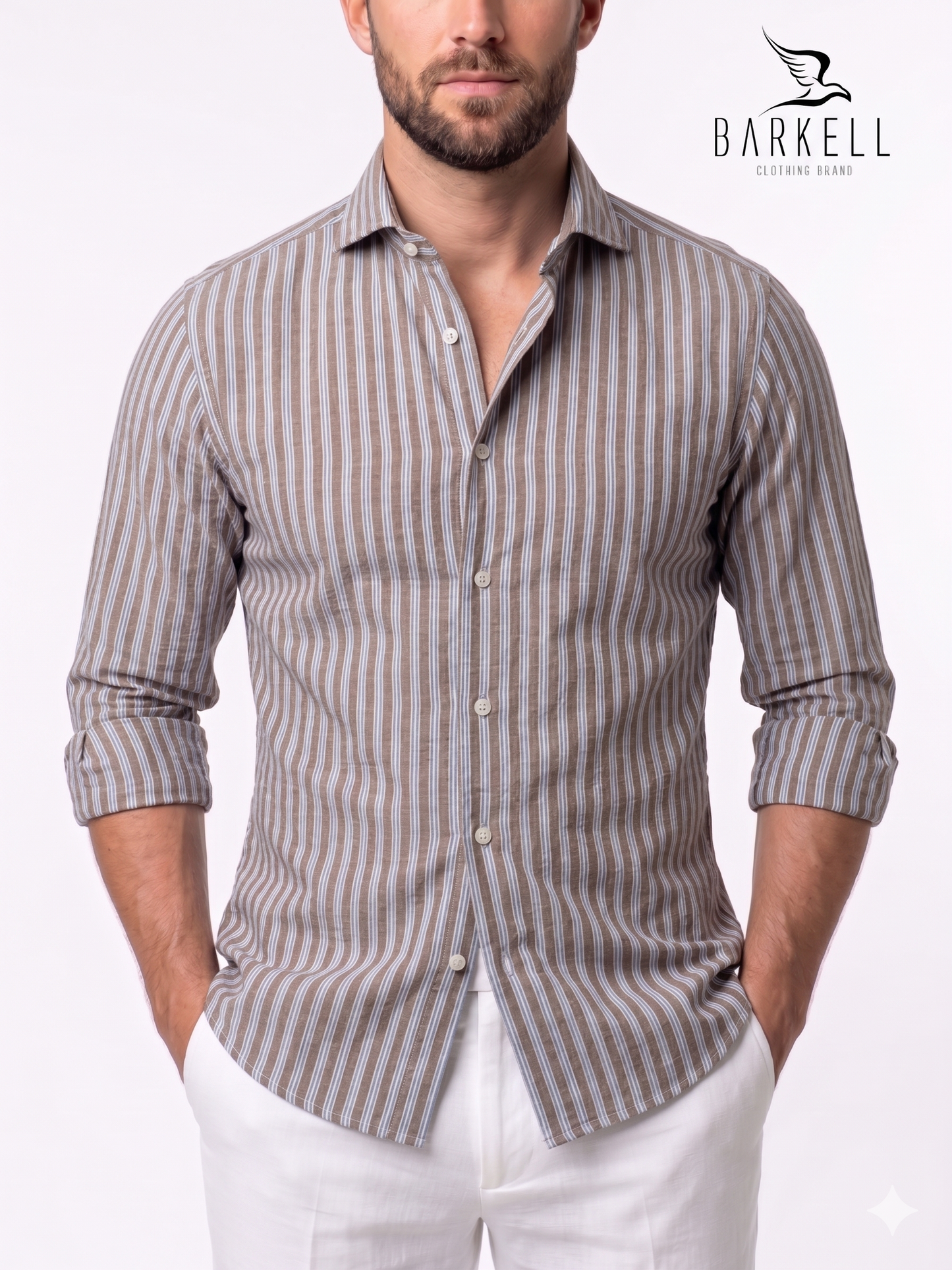 Camicia in Cotone Seersucker Rigata Marrone e Azzurro Collo Francese Cutaway