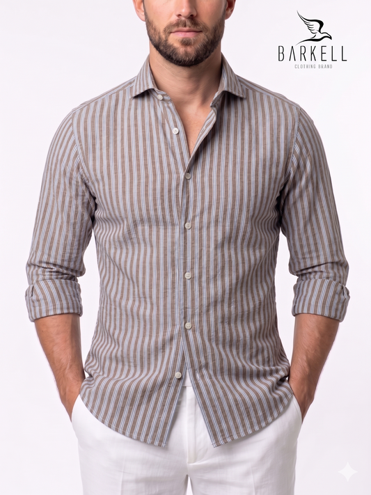 Camisa de algodón seersucker de rayas marrón y azul claro con cuello italiano