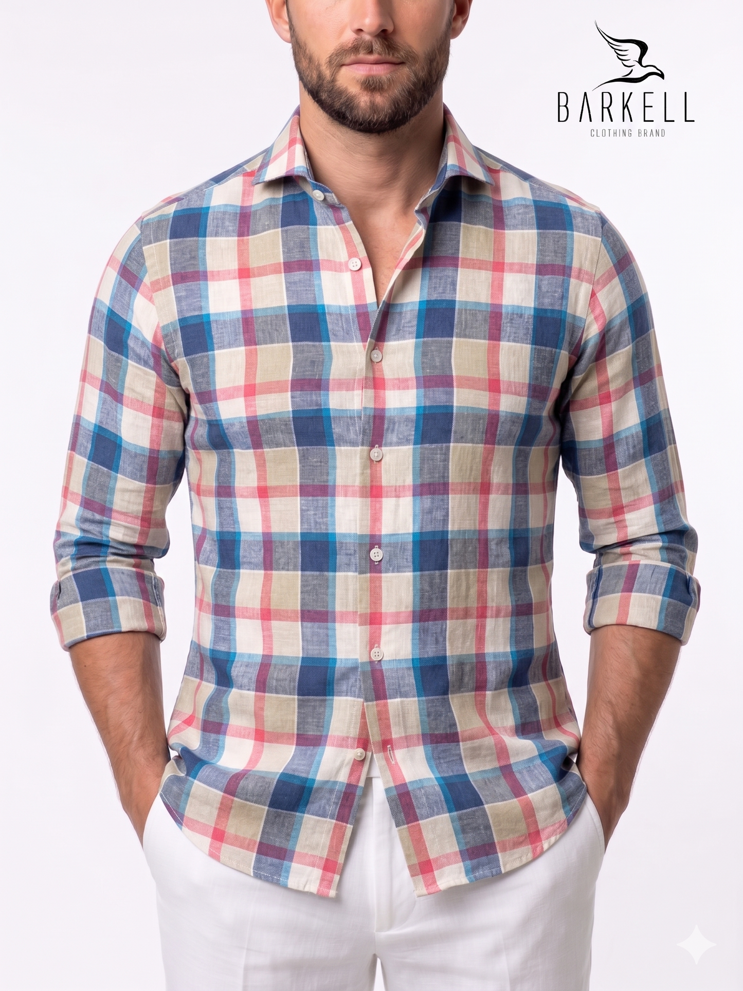 Camicia in Misto Lino Quadro Multicolore Collo Francese Cutaway