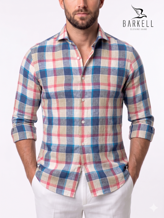 Camicia in Misto Lino Quadro Multicolore Collo Francese Cutaway