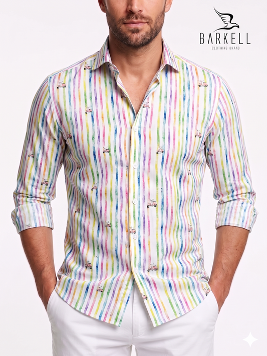 Cotton Shirt with Multicolored Stripe and Vespa Pattern, White Background, Small Spread Collar