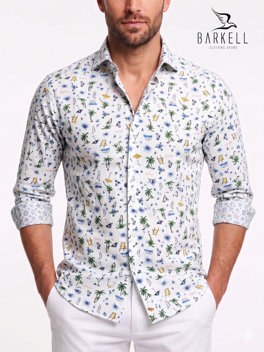 Multicolored Hawaii Patterned Cotton Shirt with White Background. Small French Collar