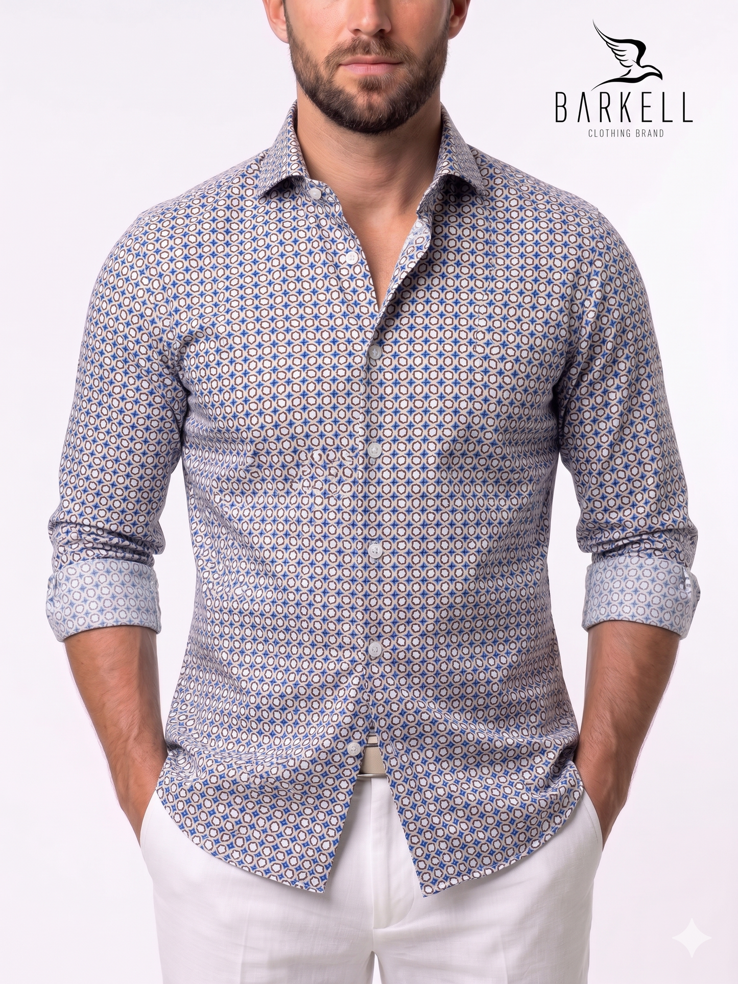 Cotton Shirt with Hazelnut and Light Blue Geometric Pattern Colonial Bottom Cutaway Spread Collar