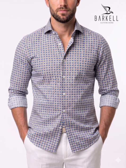 Cotton Shirt with Hazelnut and Light Blue Geometric Pattern Colonial Bottom Cutaway Spread Collar